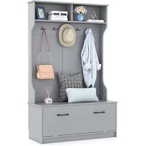 HOMASIS Appendiabiti da Terra con Scarpiera, Appendiabiti Aperti con Panca, 2 Scomparti e 5 Ganci Doppi, Guardaroba Ingresso, Guardaroba per Camera da Letto, Soggiorno, 100 x 40 x 160 cm (Grigio)