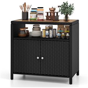 KOMFOTTEU Armadio da Esterno Impermeabile in Rattan, Armadietto Basso con Piano di Lavoro in Legno e Ripiano Aperto, Credenza da Cucina, Balcone, Giardino, Corridoio, 90 x 53 x 86 cm (Nero)