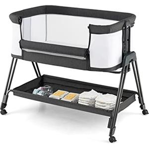 LIFEZEAL Culla Neonato, Next to Me, Lettino Neonato, Culla Next2Me, Altezza Regolabile, Lettino Bambino, con Borsa, Mensola e Ruote, Lettino con Materasso per baby 0~6 Mesi, fino 9kg (grigio chiaro)