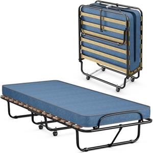 COSTWAY Brandina Pieghevole con Materasso, in Memory Foam, Struttura Resistente e 4 Ruote Girevoli, Lettino Pieghevole per Casa Ufficio, 190x80x33 cm (Blu)