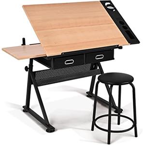 GIANTEX Tavolo da Disegno con Sgabello, Tavolo Architettonico Regolabile in Altezza e Inclinabile, Scrivania Tavolo da Lavoro con Cassetti e Doppie Superfici di Lavoro per Caratteri (Naturale)