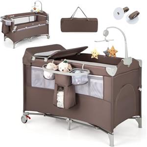 RELAX4LIFE 5 in 1 Lettino da Campeggio per Bambini, Culla Neonato con Fasciatoio e Cingia Fissagio, Carillon e 3 Giocattoli Appesi, Adatto a Bambini da 0-36 Mesi (Marrone)