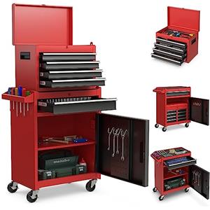 COSTWAY Cassettiera Portautensili a 4 Cassetti, Carrello per Attrezzi con Ruote Bloccabili Ripiano Regolabile e Rivestimento Antiscivolo, 59 x 28 x 102 cm (Nero + Rosso)