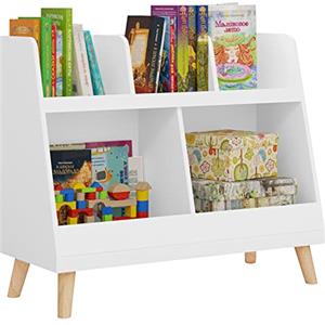 Lestarain Libreria Montessoriana per Bambini, Portalibri con 5 Vani Aperti, Scaffale per Libri da Terra con Gambe in Pino, Mobiletto Cameretta, Bianco, 82x35x70 cm
