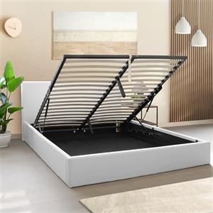 OnNuvo Letto Contenitore Matrimoniale 160x190 cm Imbottito LONDON, Vano Sotto Letto 23 cm, Sollevamento Idraulico, Montaggio Semplice, Con DOGHE ANTIRUMORE in Faggio Naturale, Brand Italiano, Bianco