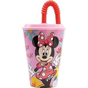 CARTOON Bicchiere con cannuccia per bambini Minnie Disney, bicchiere in plastica riutilizzabile semirigida BPA Free capacità 430 ml