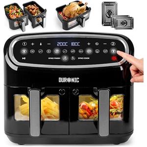 Duronic AF34 BK Friggitrice ad Aria XXL, Air Fryer 2400W, Fornetto elettrico 2 cestelli e 1 cestello grande, Friggitrice senza olio, Friggitrice ad aria calda, Cottura sincronizzata, Pollo, patate