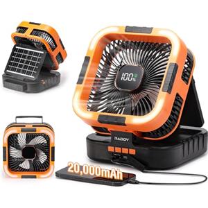 Raddy CF3 Ventilatore da campeggio ricaricabile 20.000 mAh, portatile, batteria integrata, pannello solare 3 W, USB, luce LED, 6 velocità, oscillazione 90°, tenda, BBQ, outdoor & emergenze, arancione
