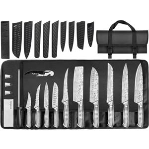 MOSFiATA Set Coltelli da Cucina Professionali con Borsa per Coltelli, Fodero e Affilacoltelli, Coltello da Cucina per Picnic Campeggio Barbeque, 17 Pezzi