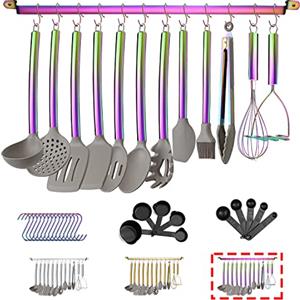 HOMQUEN 38 Pezzi Set Di Utensili Da Cucina Con Portautensili, Testa In Silicone E Manico In Inossidabile Pentole, Da Cucina Per Utensili, Gadget Da Cucina Antiaderenti, Lavabili In Lavastoviglie (Arcobaleno)