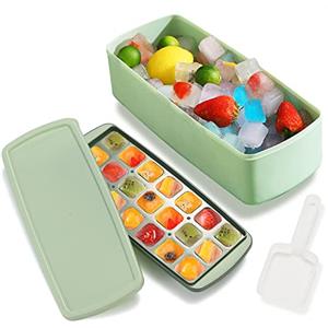 HOMQUEN Vassoi Per Cubetti di Ghiaccio Per Congelatore, Vassoi Per Ghiaccio in Silicone 21 Grani a Rilascio Facile con Coperchio, Contenitore, Paletta, Stampo Quadrato Per Palline di Ghiaccio(Verde)