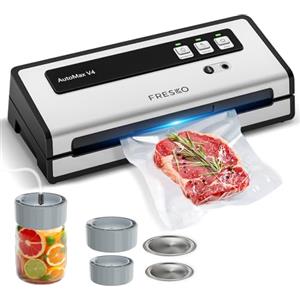 FRESKO Macchina Sottovuoto Alimenti Automatica, 140W con Doppia Sigillatura a Caldo, Modalità Secco/Umido,Include 10 Sacchetti Pre-tagliati e 4 Kit sigillatore Mason Jar