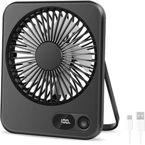 AXFEE Ventilatore Da Tavolo Piccolo, 2000mAh Ricaricabile Ventilatore Portatile, 5 velocità 360° Rotante, Display a LED, Silenzioso Mini Fan, per Casa, Ufficio, Campeggio -Nero