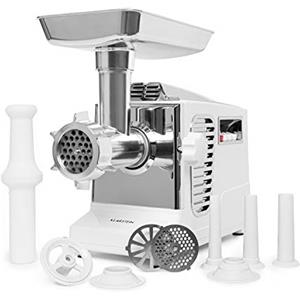 Klarstein Kraftprotz - Tritacarne Elettrico, 700 W, Potenza Bloccaggio: 1800 W, Motore in Rame, 2 Velocità e Inversione, Vaschetta in Alluminio, Lama in Acciaio Inox, 3 Dischi Forati, Bianco/Argento