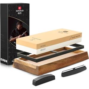 XINZUO Pietra per Affilare 2-in-1, Affilacoltelli Bifacciale Grana 1000/5000, Professionale, 5 Pezzi Affila Coltelli -con Base Antiscivolo e Guida Angolare e Pietra Piatta Diamantata