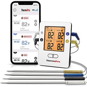 ThermoPro TP25 - Termometro Bluetooth per carne, con 4 sonde di temperatura, ricaricabile, termometro alimentare intelligente digitale wireless, per la cucina, barbecue, griglia, forno, affumicatore