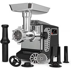 Klarstein Kraftprotz - Tritacarne Elettrico, 700 W, Potenza Bloccaggio: 1800 W, Motore in Rame, 2 Velocità e Inversione, Vaschetta in Alluminio, Lama in Acciaio Inox, 3 Dischi Forati, Nero/Argento