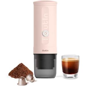 OutIn Nano Macchina da caffè espresso elettrica portatile, caffettiera da viaggio per il campeggio, caffettiera da auto auto-riscaldamento con USB-C, con caffè macinato e capsula NS