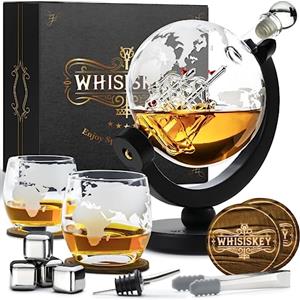 WHISISKEY Decanter per Whisky - Set Whisky Regalo - Idee Regalo Uomo Compleanno - Globe Decanter 900ML, Scatola Regalo, 2 Bicchieri da Whisky x 285ML, 4 Pietre di Whisky, Accessori