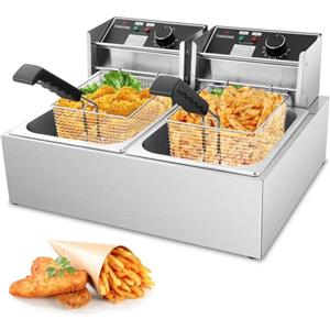 TANGME Friggitrice Elettrica Commerciale, 5000W Friggitrice Professionale con 2 Cestelli da 6L, Acciaio Inossidabile da 0,8mm, Capacità Totale 20L, con Limitatore di Temperatura