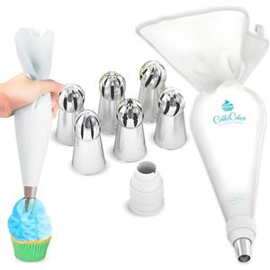 Cukkicakes Kit Pasticceria Professionale (8 Pezzi): Sac a Poche Riutilizzabile + 6 Beccucci Russi Sferici + Accoppiatore, per la Decorazione di Cupcake e Torte - Bocchette per Pasticceria
