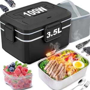 Kimfead Scaldavivande Elettrico Portatile 3.5L Lunch box elettrico 100W PortaPranzo Elettrico 12V/24V/230V Acciaio Inox Rimovibile Auto/Camion/Ufficio, Borse(3.5L-Nero)