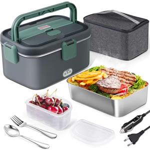 AUTOPkio Scaldavivande Elettrico 1.8L 80W, 12V/24V/220V Grande Lunch Box con Borsa e Acciaio Inox Forchetta Cucchiaio per Auto Camion Ufficio