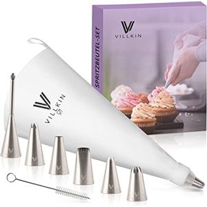 Villkin Set di 9 pezzi con beccucci in acciaio inox e sacchetto da 34 cm - Riutilizzabile e lavabile in lavastoviglie - Ideale per torte, cupcake e biscotti