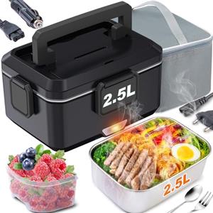 Kimfead Scaldavivande Elettrico Portatile 2,5L Lunch box elettrico 80W PortaPranzo Elettrico 12V/24V/230V Acciaio Inox Rimovibile Auto/Camion/Ufficio, Borse(2.5L-Nero)