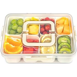 KOMABLEN Contenitore Snack con 8 Scomparti, Snack Box Compartiment in PP, Lavabile in Lavastoviglie, Scatola Snack con Coperchio e Manico, Piatto Spuntino Portatile per Frutta Noce Biscotto