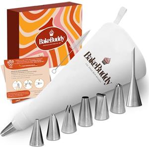 BakeBuddy Sac a Poche Professionali (11 pezzi) - Sacapoche da 35 cm in Cotone con Beccucci in Acciaio Inox per Decorare Torte, Riutilizzabile e Lavabile in Lavastoviglie, con Adattatore & Box Regalo