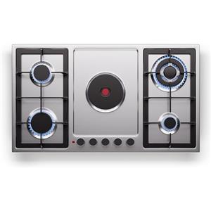 Klarstein MultiChef 5 - Piano Cottura Elettrico E A Gas, 4 Zone A Gas & 1 Elettrica, 10.100W, Acciaio Inox, Accensione Automatica, Spegnimento Sicuro, Gpl/Gas Naturale, Piano Cottura, 87X8X50 Cm