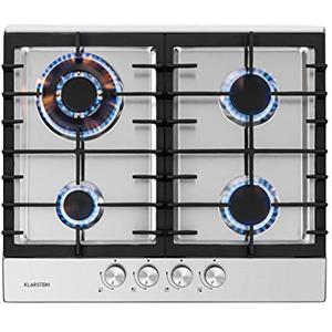 KLARSTEIN Ignito - Piano Cottura a Gas, Piastra da Incasso, Bruciatore Sabaf, Gas Naturale/Gas Propano, Valvole di Sicurezza, Spegnimento Automatico, Acciaio Inox, 4 Fuochi, 60 cm, Argento