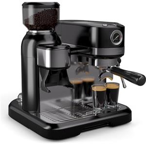 Klarstein Bella Café - Macchina per Caffè Espresso, 19 Bar, 1550W, Macinino Integrato da 200g, Montalatte Mobile, Serbatoio da 1,4L, Acciaio Inox, Inserti Per 2 Tazze, Nero, Design Retrò Anni '50