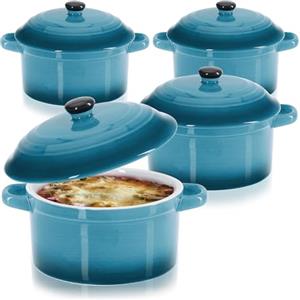 COM-FOUR® 4x casseruola con coperchio in ceramica - ciotola da dessert per crème brûlée - mini casseruola per ragù e carne condita - blu, ca. 250/175 ml per piatto (4 pezzi - blu)