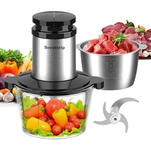Becontrip Tritatutto da Cucina Elettrico, 500W 2L Tritatutto Elettrico con Motore in Rame, 2 Ciotole (Vetro + Acciaio Inox), 4 Lame Affilate, 2 Velocità, Mini Frullatore per Carne/Verdura/Baby Food