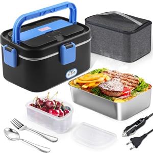 AUTOPkio Scaldavivande Elettrico 1.8L, 12V 24V 220V Scalda Vivande Portatile 80W Grande con Borsa, Acciaio Inox Forchetta Cucchiaio per Ufficio Auto Camion (Nero-Blu)