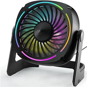 Punoge Ventilatore USB piccolo - Ventilatore da scrivania silenzioso, Ventola portatile da 13,9 cm, 3 Velocità, luci LED RGB a 8 colori, Rotazione a 360°, per casa, ufficio, tavolo