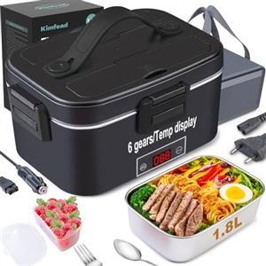 Kimfead Scaldavivande Elettrico Portatile con Display Temperatura Porta Pranzo Riscaldabile 80W Lunch Box Elettrico 1.8l Acciaio Inox Rimovibile 12v/24v/230v per Auto/Camion/Uffici con Borsa(Nero)