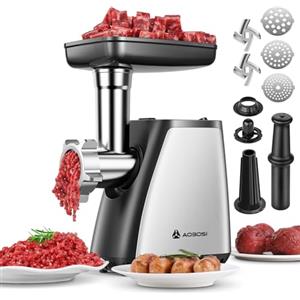 AAOBOSI Tritacarne AAOBOSI, Tritacarne Elettrico 3-IN-1[2800W Max]con 2 Lame, 3 Piatti, Insaccatrice per Salsicce, Kit Kubbe, per Uso Domestico in Cucina, Acciaio Inossidabile