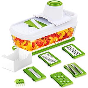 TAVIALO Mandolina per Verdure Professionale con Contenitore di Vetro - 6 Lame Affetta Verdure Manuale e Grattugia per Legumi Patate Frutta