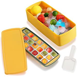 HOMQUEN Vassoi Per Cubetti di Ghiaccio Per Congelatore, Vassoi Per Ghiaccio in Silicone 21 Grani a Rilascio Facile Con Coperchio, Contenitore, Paletta, Stampo Quadrato Per Palline di Ghiaccio(Giallo)