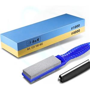 S&R Pietra Affilacoltelli Professionale Giapponese 1000/4000 più Pietra per Affilare 120/240. 2 Pietre per Affilare Coltelli Scalpelli Forbici Cesoie e Ascie con Guida e Base in Silicone Antiscivolo.