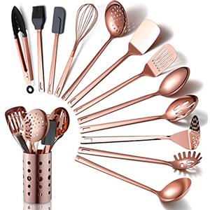 HOMQUEN Set Di Utensili Da Cucina In Rame, 13 Pezzi Di Utensili da Cucina in Acciaio Inossidabile Con Placcatura in Oro Rosa Titanio, Set Di Utensili Da Cucina Con Portautensili Per Pentole Antiaderenti