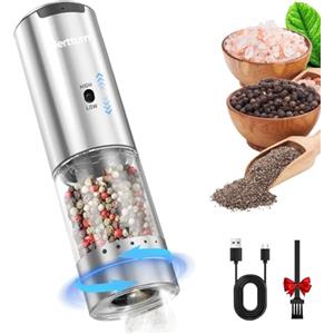 MERTTURM Macinasale e Pepe Elettrico, Macina Sale e Pepe Ricaricabile Tramite, 2 Velocità&5 Livelli di Macinatura Regolabili, Macina Pepe Auto in Acciaio Inossidabile con Contenitore Lavabile/Luce LED