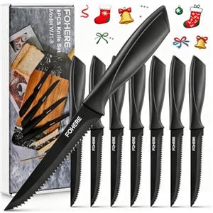 FOHERE Set Di 8 Coltelli Da Bistecca, Neri Coltelli Da Bistecca Seghettati In Acciaio Inossidabile, Perfetti Per La Cena Di Natale E Le Riunioni Di Capodanno