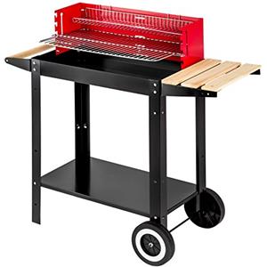 tectake® Barbecue a Carbonella, Mobile su Due Ruote, Ripiano Laterale in Legno, Superficie d'Appoggio in Acciaio, Griglia e Cestello Scaldavivande Inclusi, Pratico Manico in Legno, Grill BBQ
