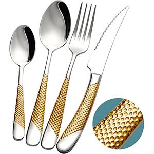 Xideman® set di posate 24 pezzi moderne Argento oro martellato con coltello seghettato 2 in 1 ultra affilato, servizio posate acciaio inox 18/10, set forchette cucchiai coltelli 6 persone