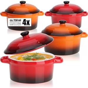 COM-FOUR® 4x casseruola con coperchio in ceramica - ciotola da dessert per es. Pinna di ragù in arancione e rosso, 250/175 ml per piatto (4 pezzi - arancia. rosso)
