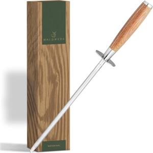 WALDWERK Affila Coltelli Premium - Affilacoltelli in acciaio temprato con elegante manico in legno - Acciaino professionale 100% privo di plastica - Affila Coletelli professionali